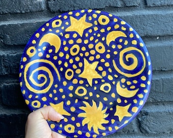 手描きのメキシコ陶器皿 - 青と黄色の天体の星と月のデザイン - Etsy 日本