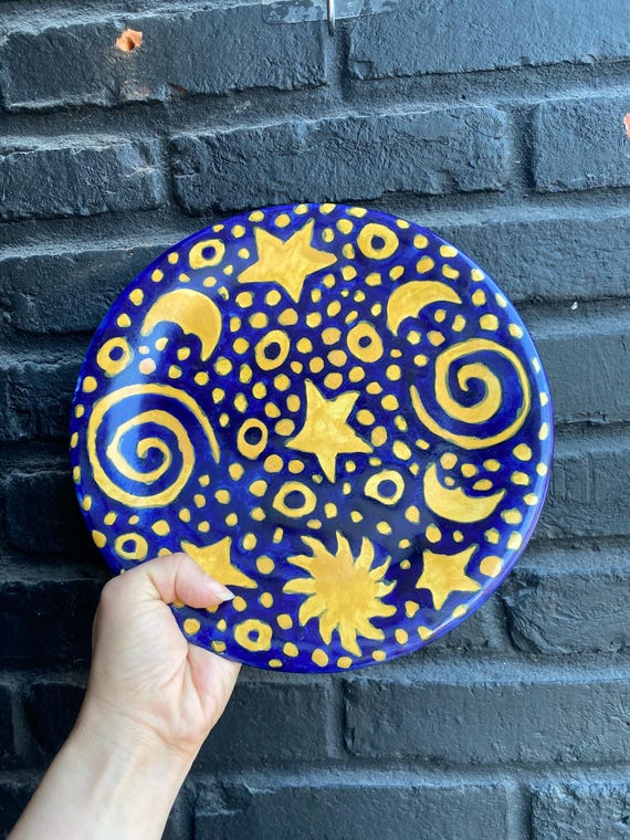 手描きのメキシコ陶器皿 - 青と黄色の天体の星と月のデザイン - Etsy 日本