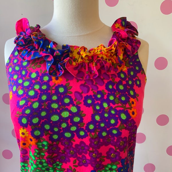 1960’s Floral Psychedelic Bright Neon Ruffle Maxi Dress Metal Zipper