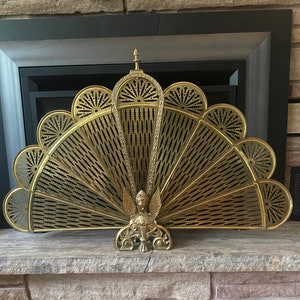 Fireplace Screen Gryphon Gargoyle Peacock Folding Vintage Brass Fire Guard