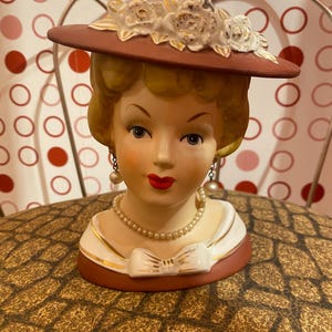Vintage Relpo Japan Lady Head Vase Pearl Jewelry