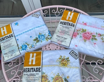 Vintage Heritage Bettlaken – Original 1970er Jahre Floral Doppelgröße – Gelbe, Rosa, Blaue Rosen Prints – 206 cm x 25 cm