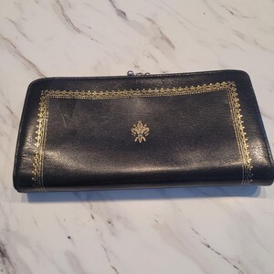 Vintage Italian Leather Wallet | Black Fine Leather Clutch by Florence Italy | Snap & Kiss-Lock Closure, Card Slots and Coin Purse