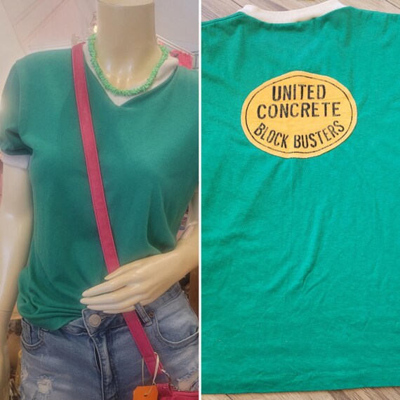 Vintage 1980s United Concrete Block Busters Ringer T-Shirt Made in Canada