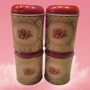 Vintage Floral Tin Canister Set of 4 | Shabby Chic Rose Storage Containers | Cottagecore Kitchen Decor | Retro Metal Tins with Lids,