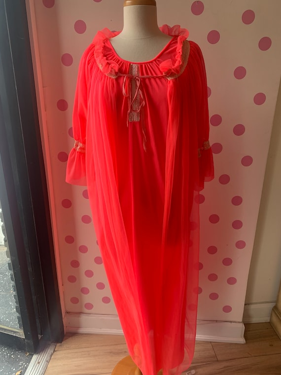 Vintage 1970's Hot Coral Nylon Peignoir, Nightgown