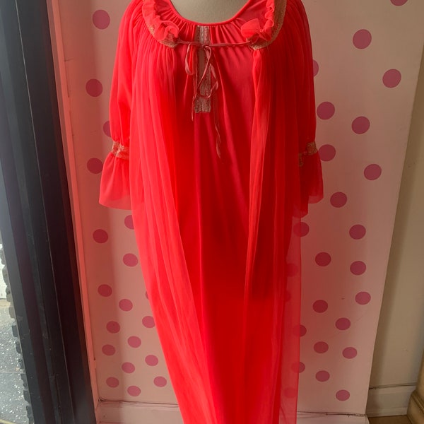 Vintage 1970's Hot Coral Nylon Peignoir, Nightgown and Robe Set, Sheer Peignoir, Union Made, Sleep Set