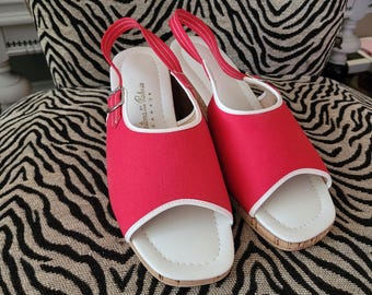 Vintage Patricia Canada Coral Red Slingback Sandals Size 8 NOS Cork Heel Shoes