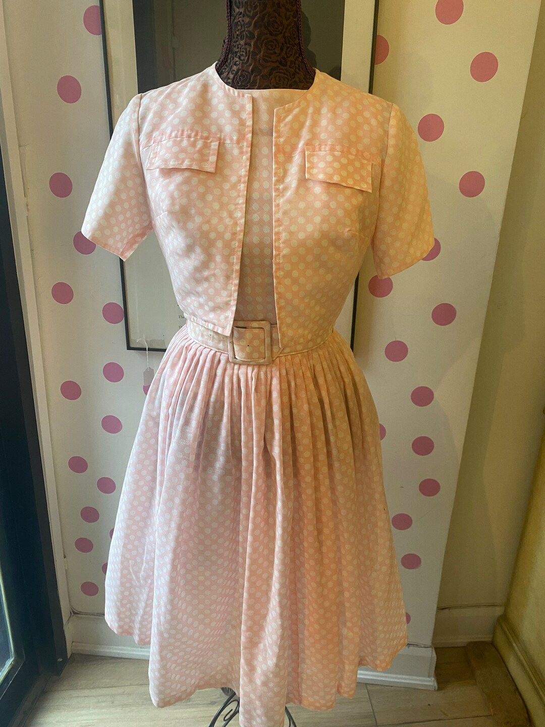 Pink A Line Polka Dots Smocked 1950s Dress