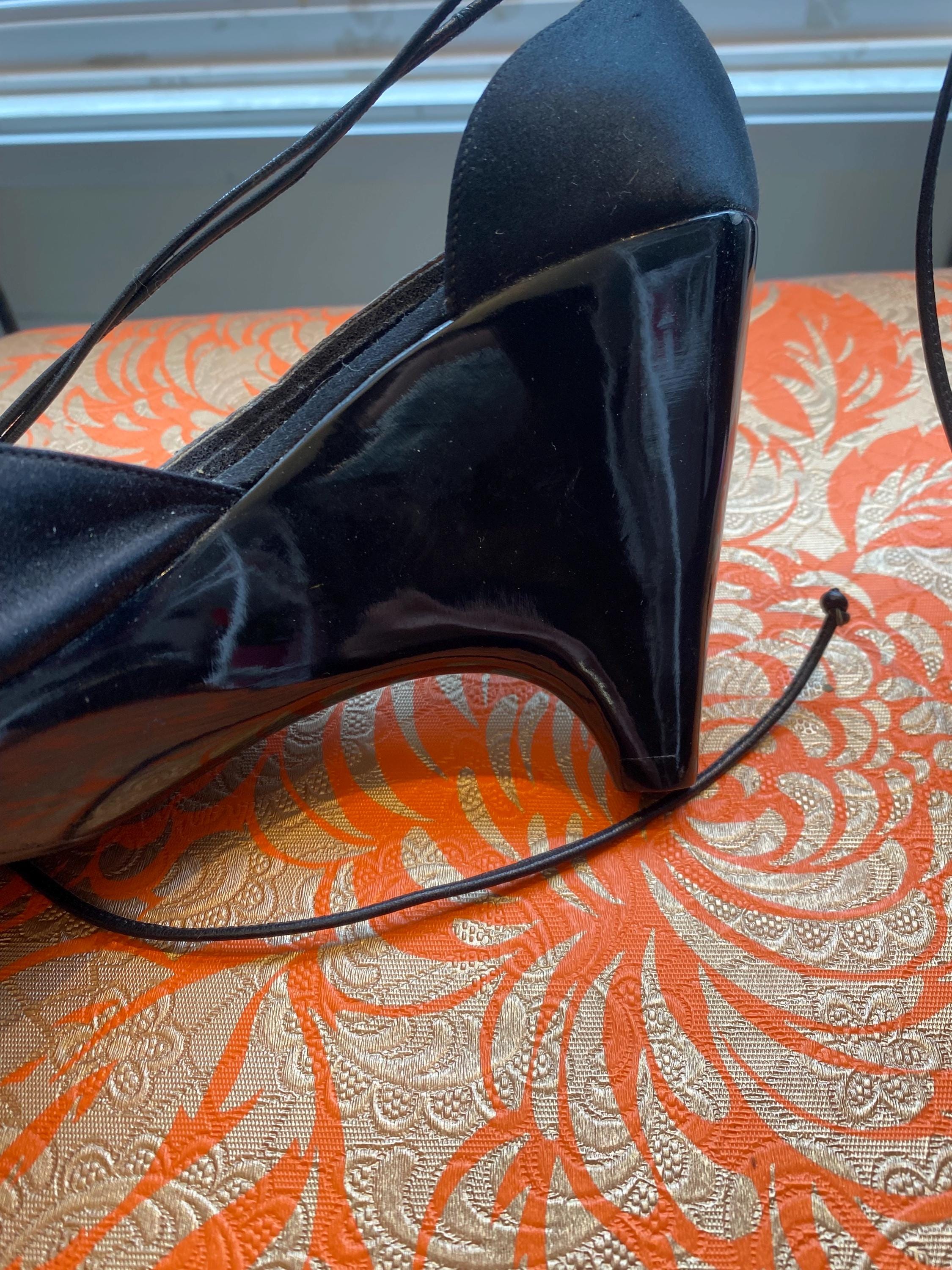 Chanel Black Satin Wedge Heels Sandals Shoes CC Logo Brass Ring 35