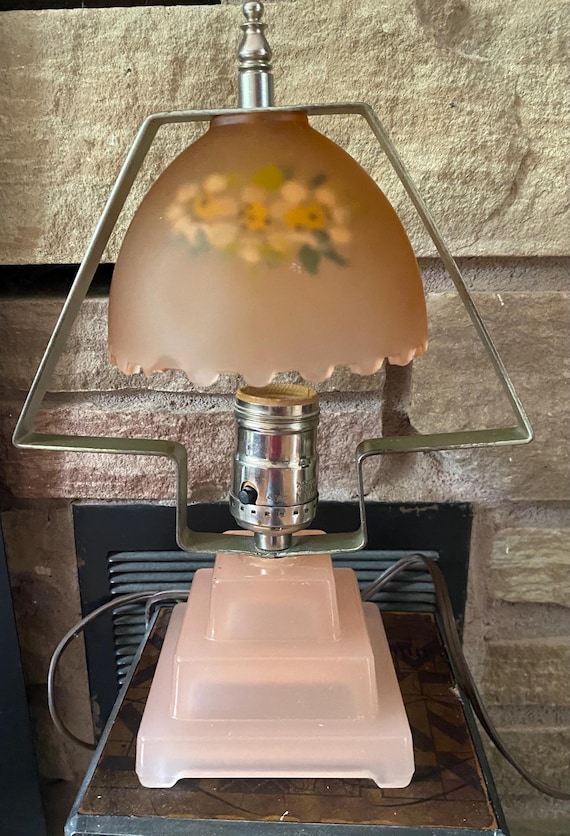 Vintage Houzex Pink Satin Glass Hand Painted Art Deco Lamp 1930's