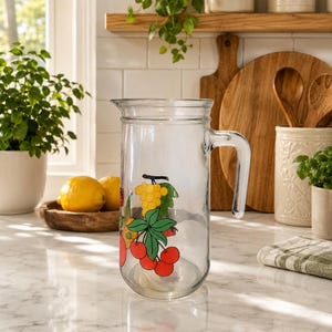 May include: A clear glass jug with a handle, decorated with a colorful fruit design of grapes and cherries. The jug is on a white countertop, with lemons and a wooden bowl in the background.