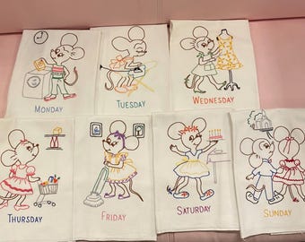Fabulous Embroidered Days of the Week Tea Towels Hand Towels Mice doing Weekly Chores Set of 7