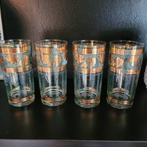 Verres style Culver vintage des années 60 - Vert émeraude et motif raisin en or 22 carats - Lot de 4