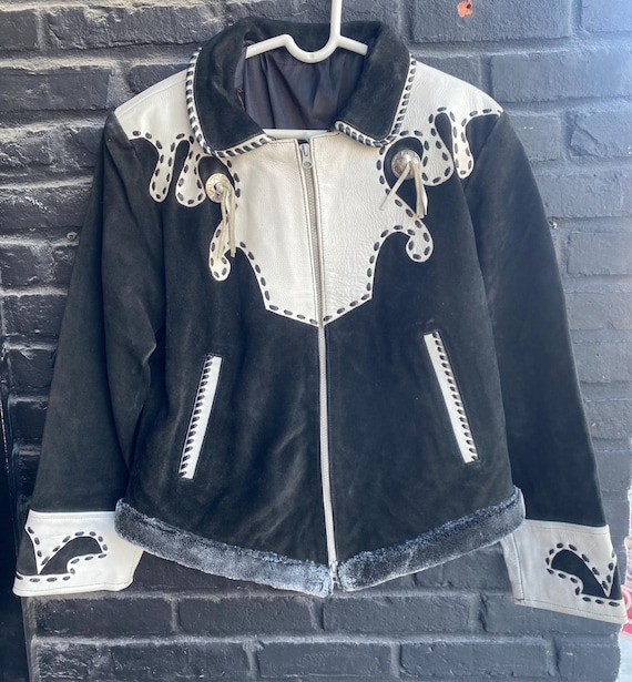 Vintage 1970s Black Suede & White Leather Western Jacket With