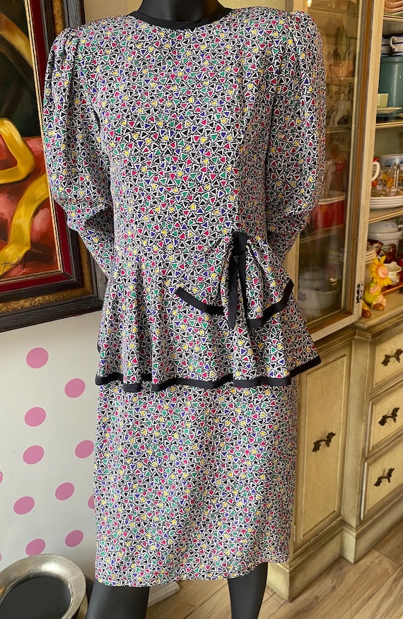 color block peplum dress Vintage 1980s Edith Strauss Peplum Dress, Geometric Color Block Print