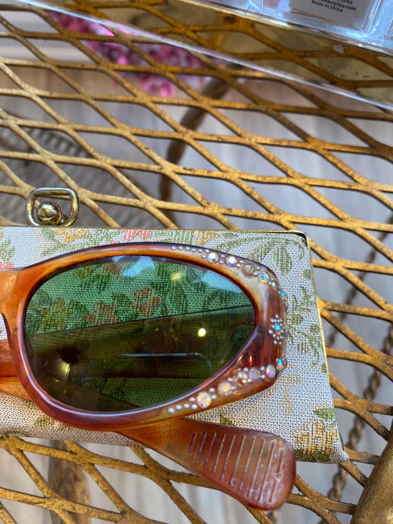 Vintage 50s Sunglasses with Rhinestones Vintage 50s 60s Sunglasses Copper Brown White Cat Eye  main image 2