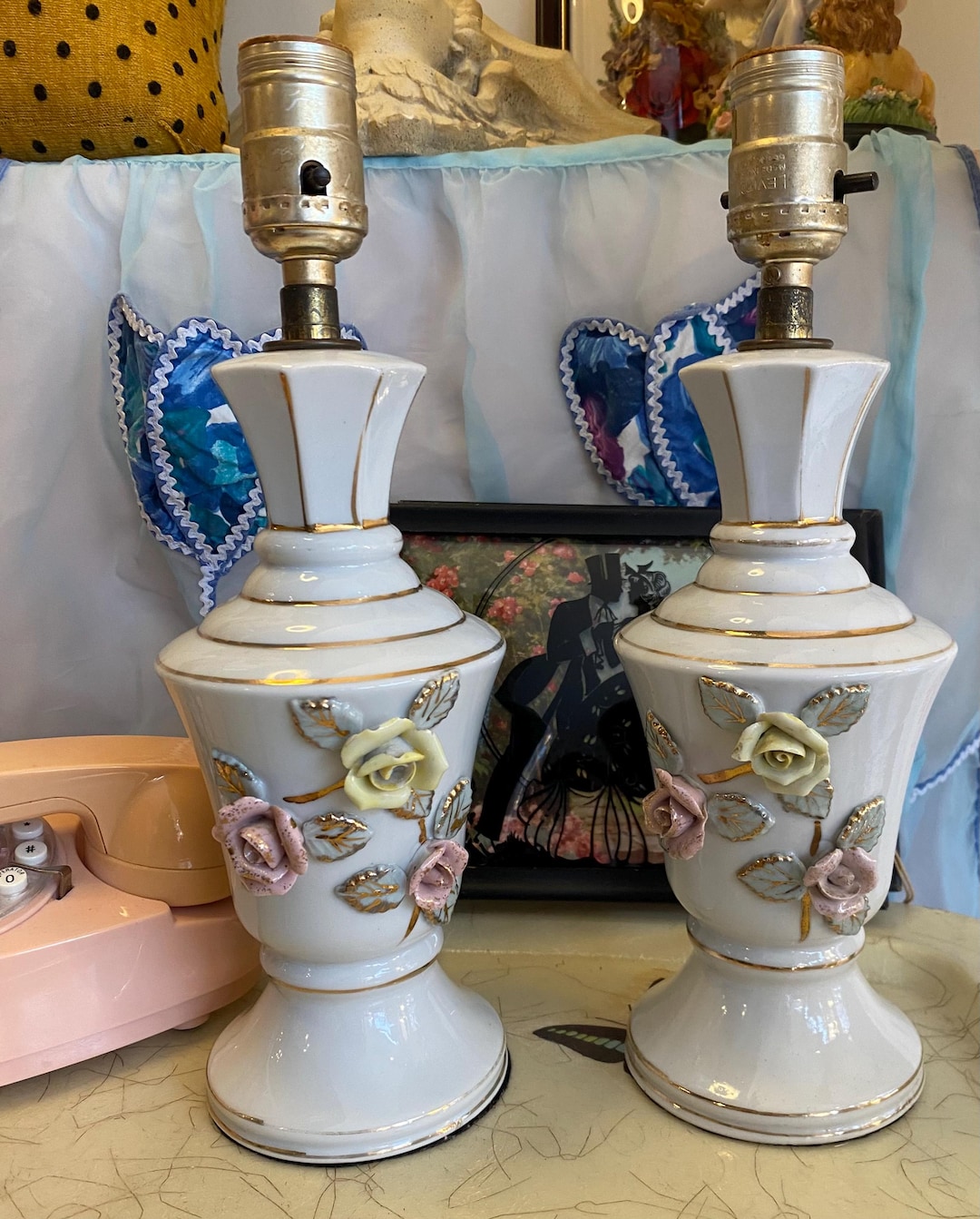 Pair of Mid-century Ceramic Floral Lamps – 1950s-60s Porcelain