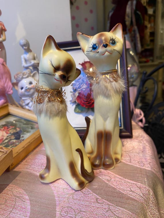 【misen2014さま】vintage figure ୨୧ ベージュ 猫ちゃん Vintage Siamese Cat Figurines – Mid-century Japan Ceramic Cats – G