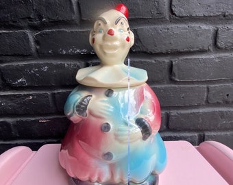 Vintage American Bisque Clown Cookie Jar - Red Hat - Black Shoes - Blue And Red Coloration