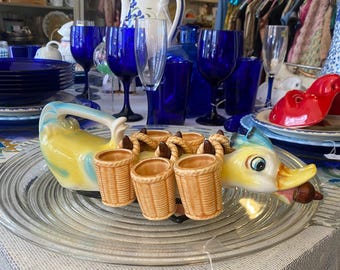 Vintage eendenkarafset Japan nieuwigheid bargerei Shot bekers figurale karafset uit het midden van de eeuw