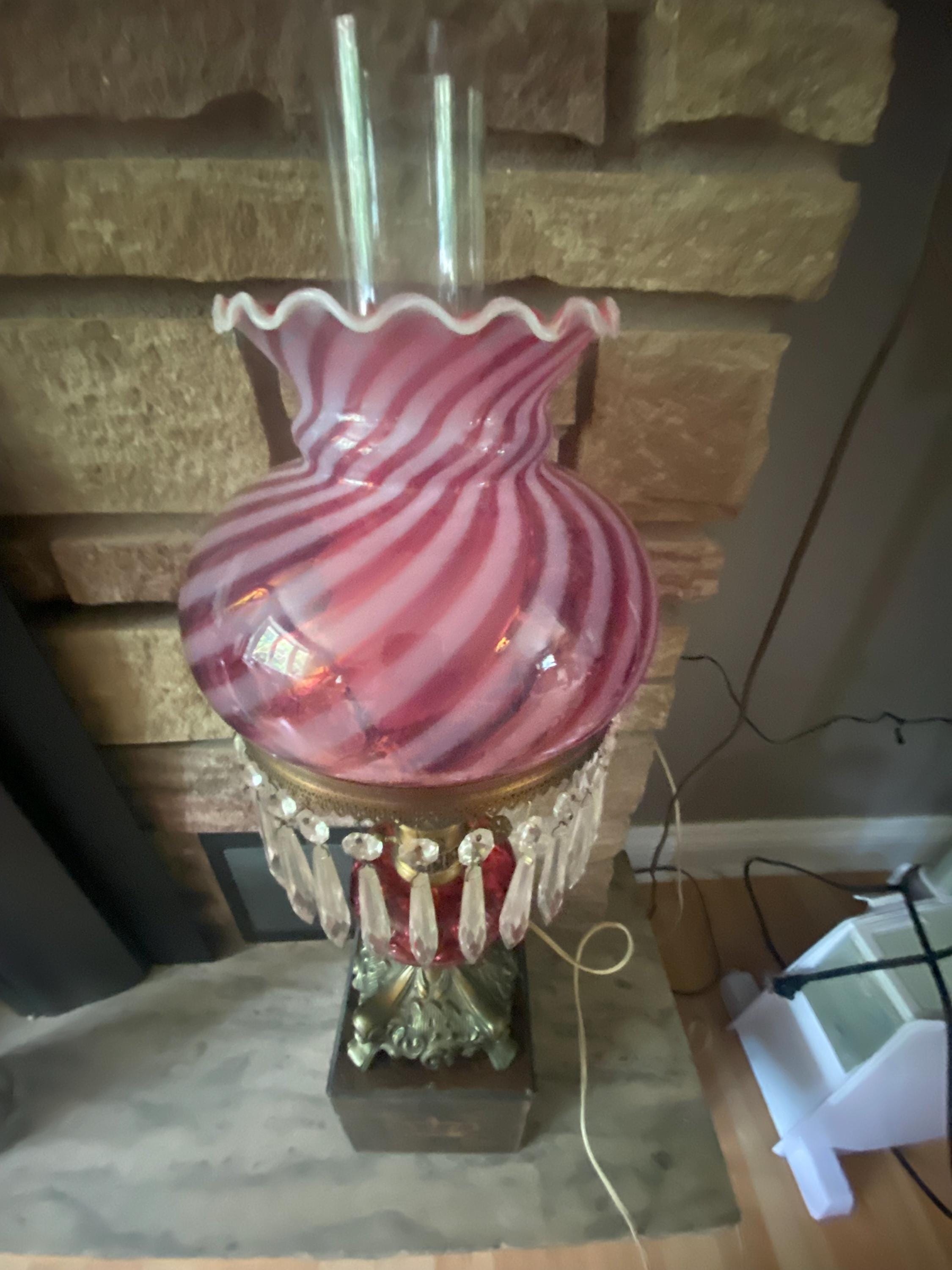 Vintage Fenton Cranberry Glass Hurricane Lamp Ruffled Swirl Shade