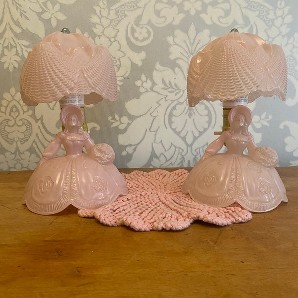 Vintage 1940’s Glass Pink Lady Boudoir Lamps, Vanity Lamps, Dresser Lamps