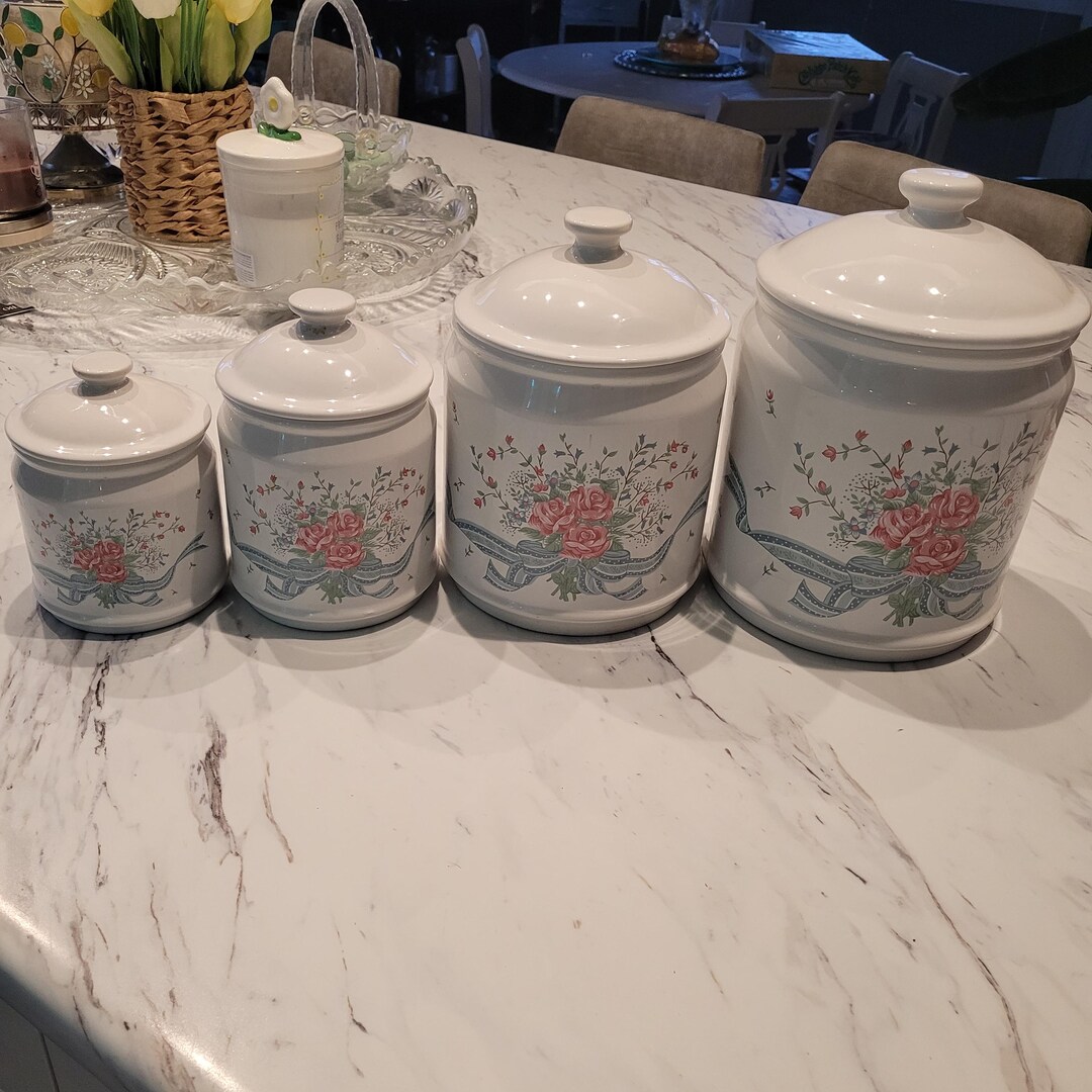 Vintage 1980s Ceramic Canister Set of 4 | Floral Kitchen Storage Jars ...