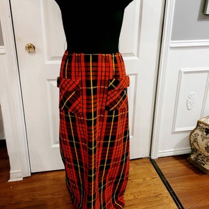 Vintage 1960s Mod Maxi Dress – Black Turtleneck & Bold Red Plaid Skirt – High Waist with Statement Pockets – Retro Fall/Winter Fashion