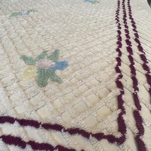 Puede incluir: Manta texturizada de color crema con un patrón de diamantes y diseños florales y de pájaros bordados. La manta tiene un borde y acentos de flecos de color púrpura oscuro. La manta está hecha de un material suave y afelpado.