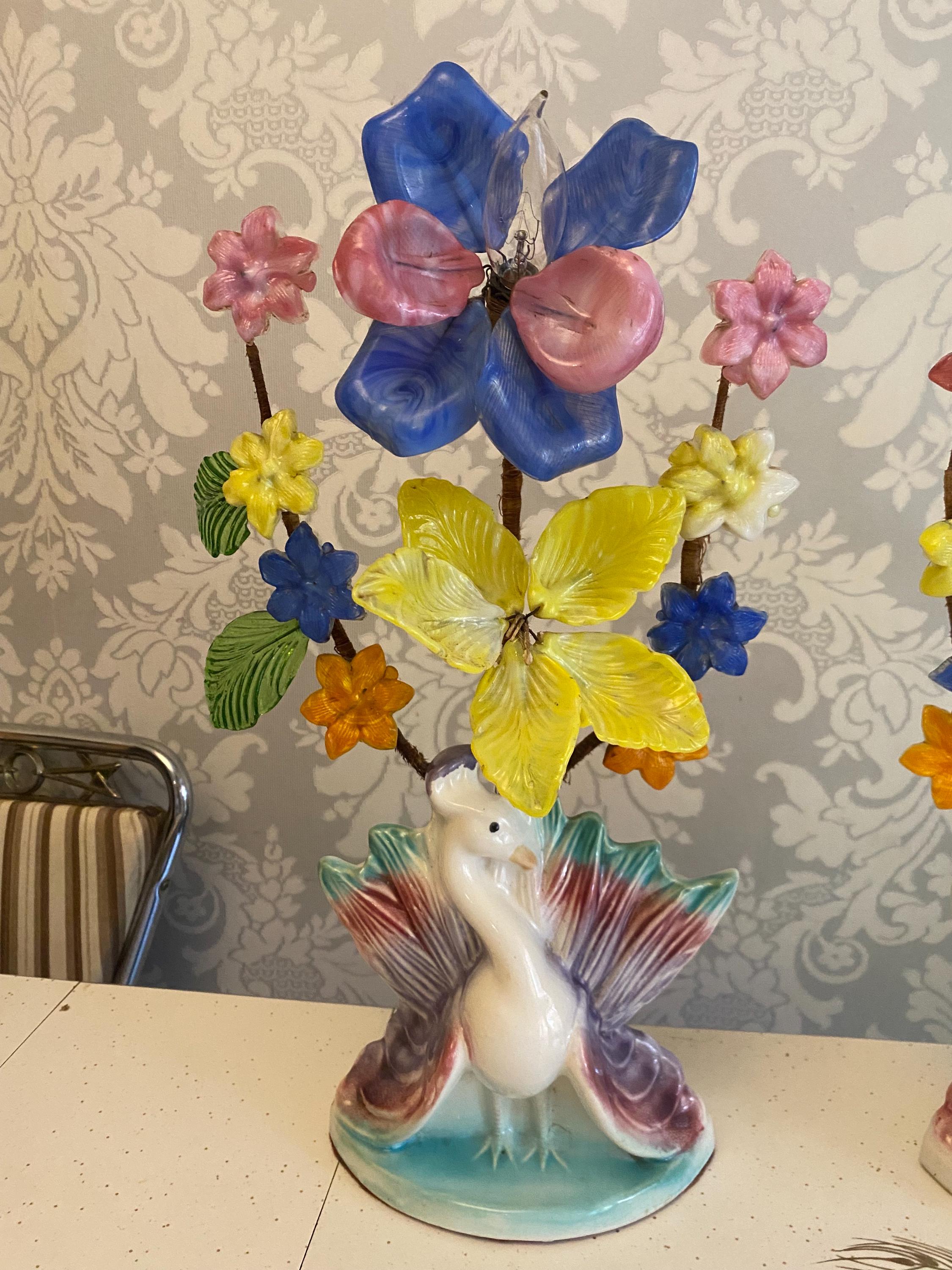 Pair of Vintage Glass Flower Peacock Lamps 1950s Ceramic Base