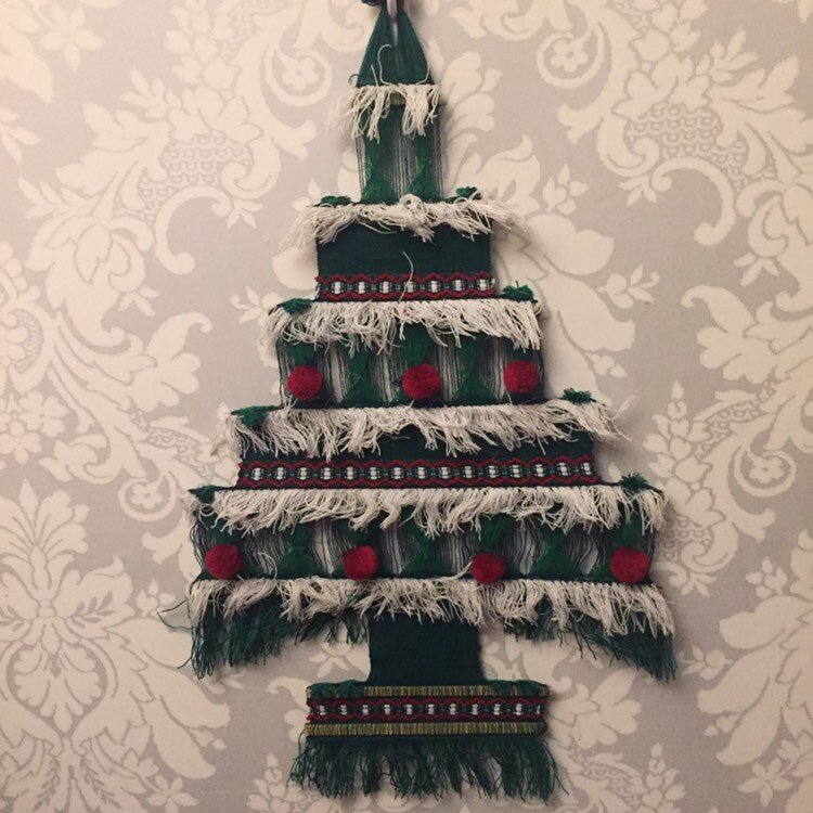 Christmas Garland, Red, White, Green Yarn Pom Pom, Christmas Tree