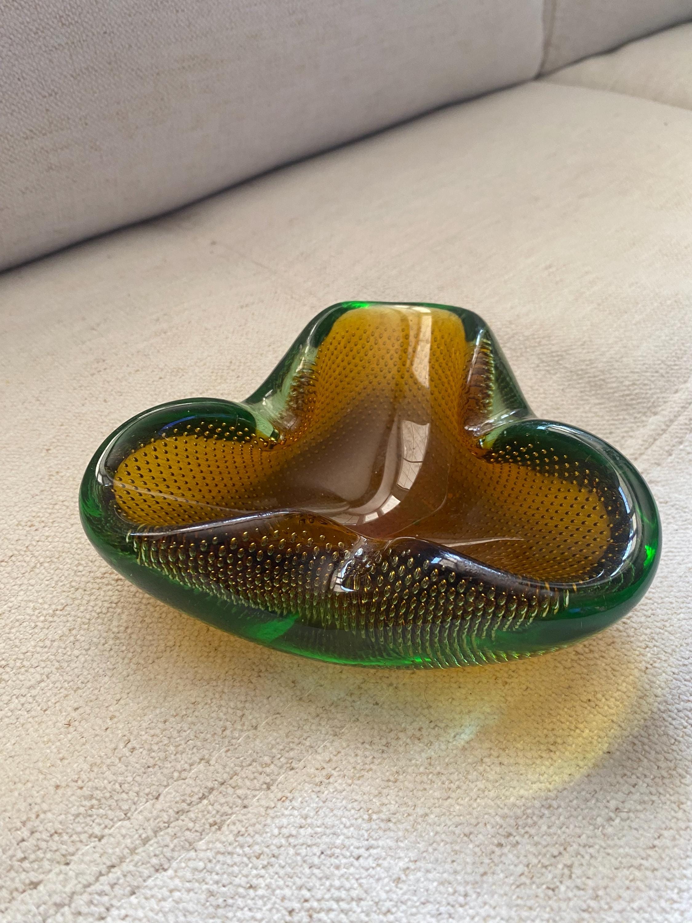Vintage Murano Green & Amber Bullicante Art Glass Ashtray 1960s