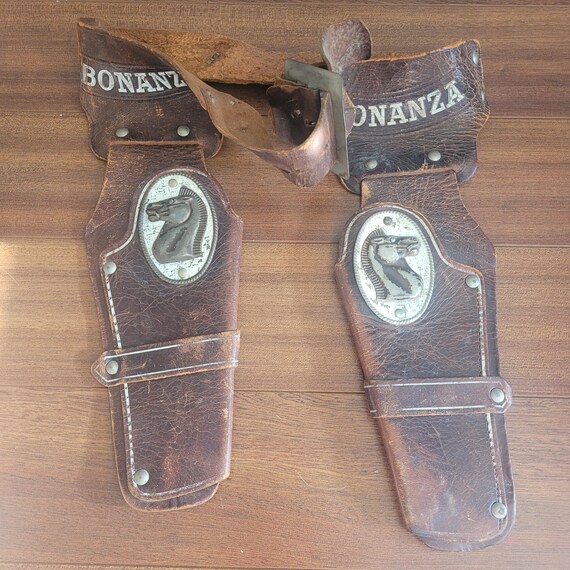 Vintage 50s Bonanza Double Toy Holster Belt - Leather Western