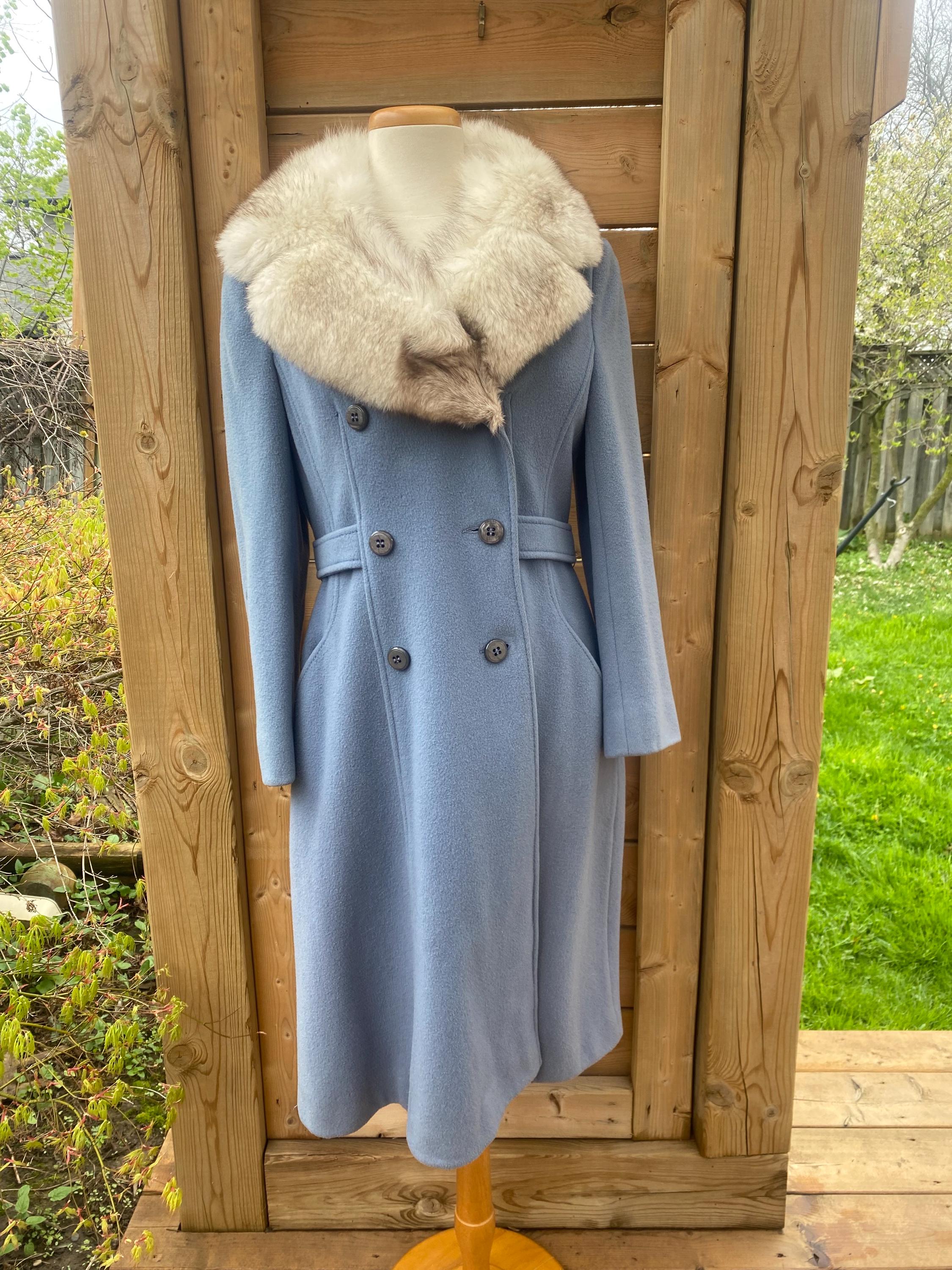 Vintage 1950s Max Azen Blue Wool Coat W/ Fur Collar Mid-century
