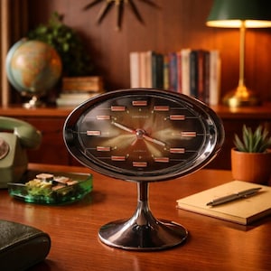 Puede incluir: Un reloj de escritorio ovalado cromado vintage con esfera oscura y detalles rojos. El reloj, de la marca "Caravelle", está sobre un escritorio de madera con un cenicero verde, un bloc de notas y una lámpara de escritorio. El fondo incluye un globo terráqueo y un reloj de estrella.