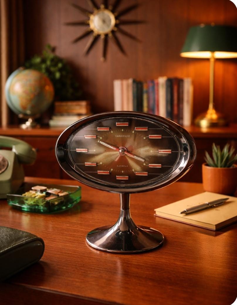 Vintage Caravelle Atomic Desk Clock on Pedestal Stand – Space Age