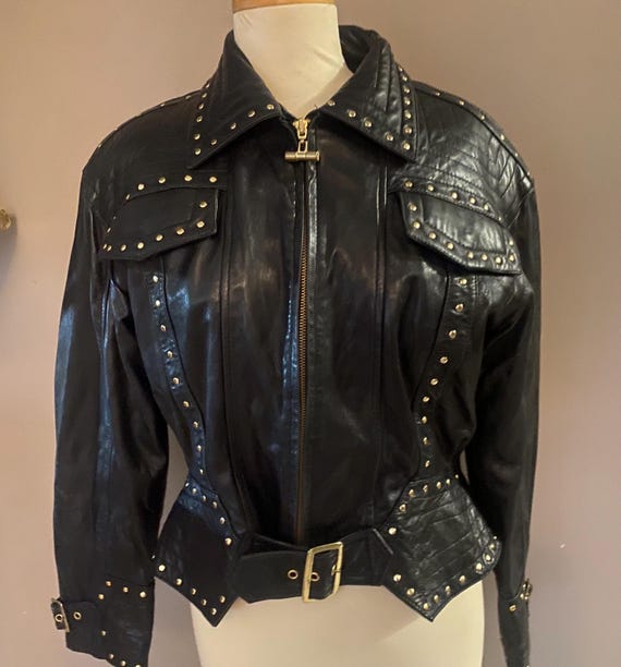 Vintage 80s Black Studded Leather Jacket Belted Waist Cropped Moto