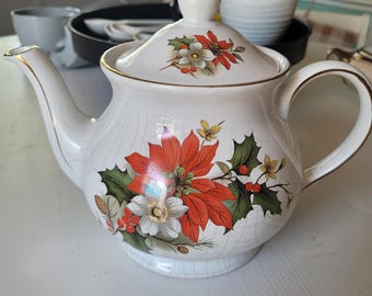 Vintage Sadler England Jultekanna – Julstjärna och Järnek – Crazed Glaze