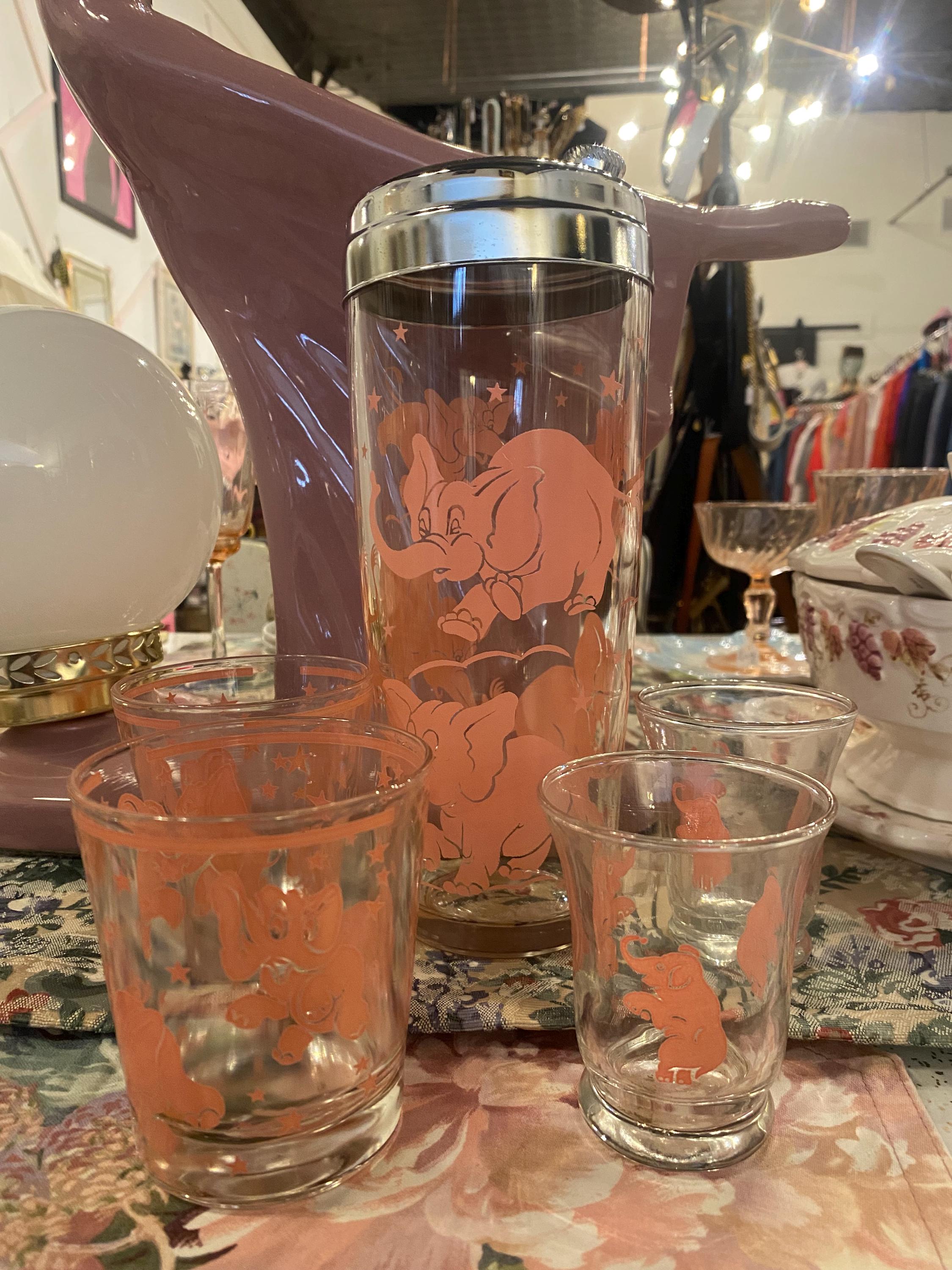 Vintage Hazel Atlas Pink Elephant Cocktail Set – Shaker & Glasses