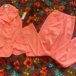 May include: A vintage coral-colored pantsuit set. The set includes a sleeveless blazer with a notched collar, button closure, and two front pockets, paired with matching wide-leg pants. The outfit is displayed on a floral patterned background.