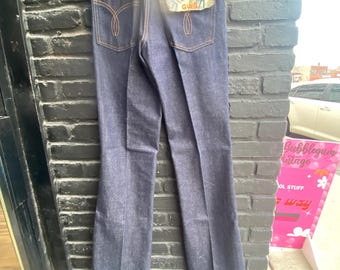 Vintage jaren 1970 GWG Jeans Deadstock Dark Denim Canada Made NOS 26 Taille Flare Kings Talon Zip