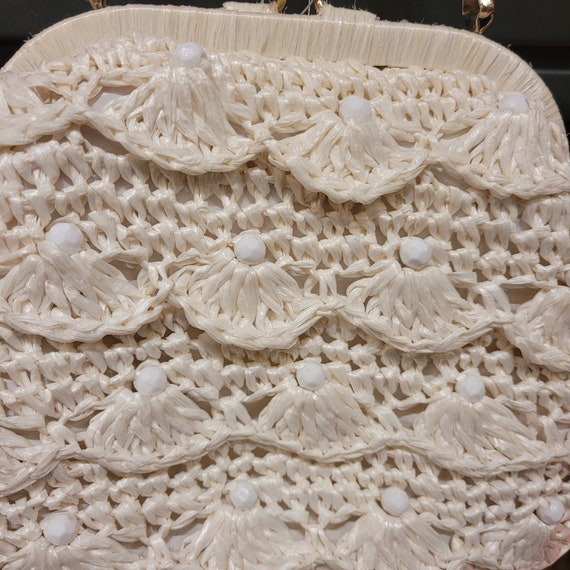 60s Raffia/beads off white purse - image 2