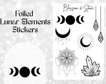 Hoja de pegatinas con elementos lunares metalizados: pegatinas celestiales para agendas, diarios y álbumes de recortes.