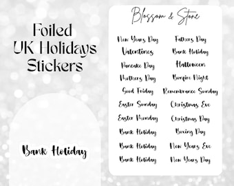 Foiled UK Holidays Sticker Sheet: Public Holiday Stickers for Planners, Bullet Journals & Scrapbooking