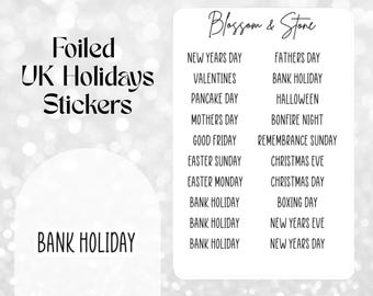 Foiled UK Holidays Sticker Sheet: Public Holiday Stickers for Planners, Bullet Journals & Scrapbooking