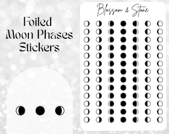 Hoja de pegatinas de fases lunares con acabado metalizado: pegatinas lunares para agendas, bullet journals y scrapbooking.