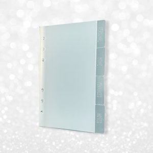 May include: A light blue binder with labeled tabs for organization. The tabs are labeled "PERSONAL", "HOME", "FINANCES", and "NOTES". The binder has six holes for insertion into a ring binder.