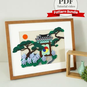 Patrón de fieltro para puerta de Dancheong Hanok, pino y flores azules / Plantilla PDF para manualidades