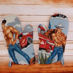 ALEXANDER HENRY  PRIDE Sexy Cowboys Oven Mitts | Hunk Cowboy Oven Mitts | Sexy Gift | Fun Cowboys Oven Mitts Out of Print Fabric